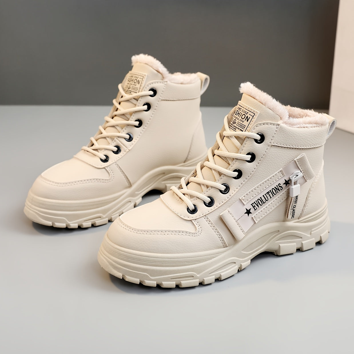 Affordable Women's boots, black and white winter shoes for ladies, slip-on style with plush lining for warmth, a gift for women, fashionable Plush design at the toe, suitable for plus-size women, ideal for scenes