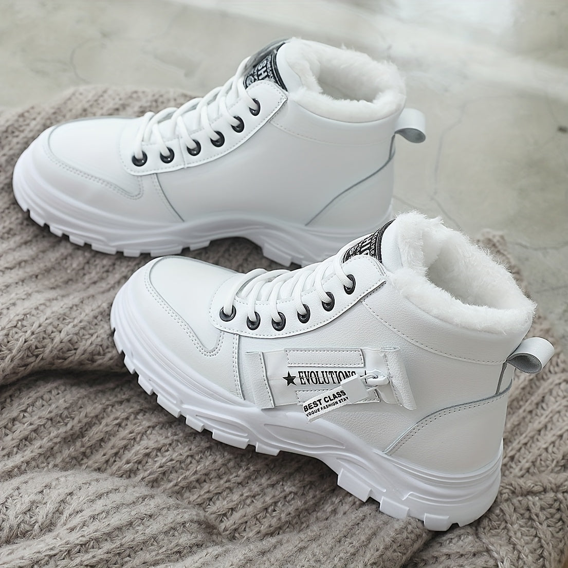 Affordable Women's boots, black and white winter shoes for ladies, slip-on style with plush lining for warmth, a gift for women, fashionable Plush design at the toe, suitable for plus-size women, ideal for scenes