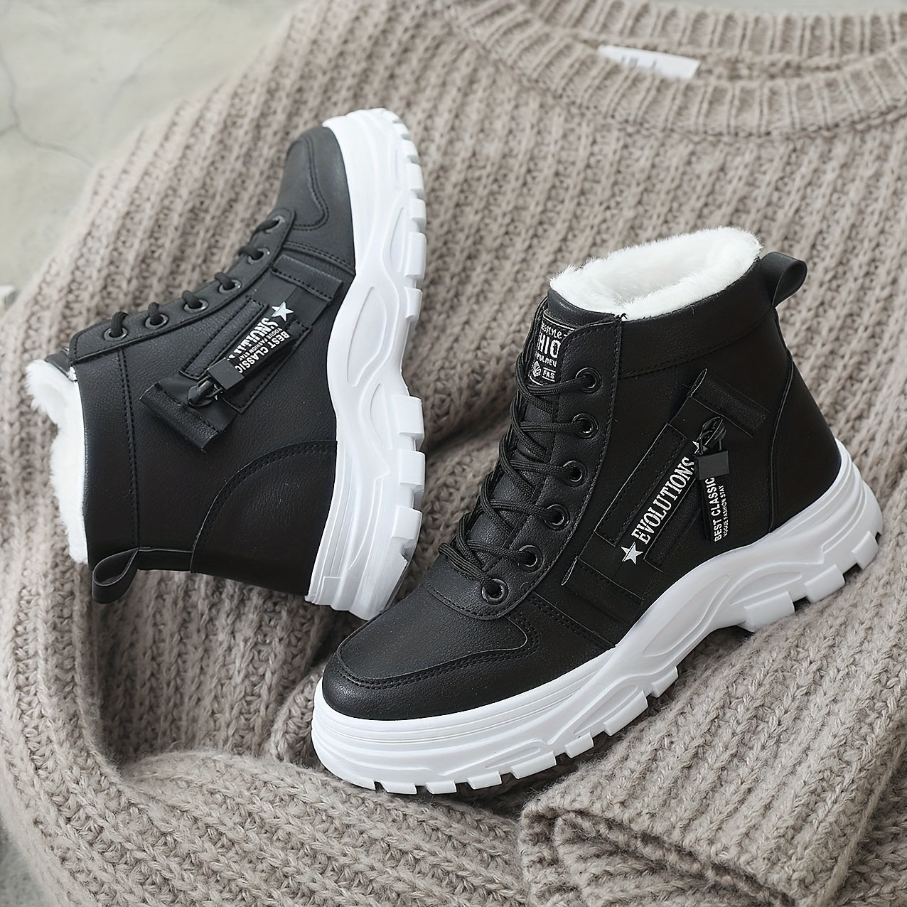 Affordable Women's boots, black and white winter shoes for ladies, slip-on style with plush lining for warmth, a gift for women, fashionable Plush design at the toe, suitable for plus-size women, ideal for scenes