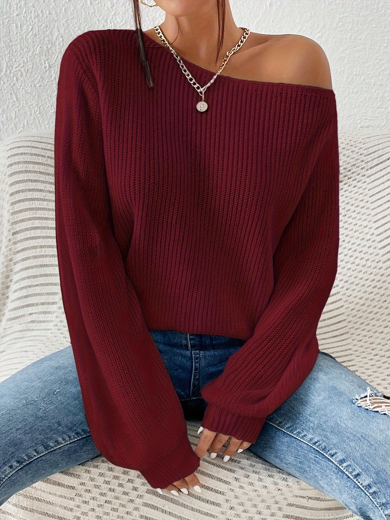 1pc Elegant Asymmetrical Neck Acrylic Knit Sweater for Women - Solid Color Off-Shoulder Pullover for Spring/Fall