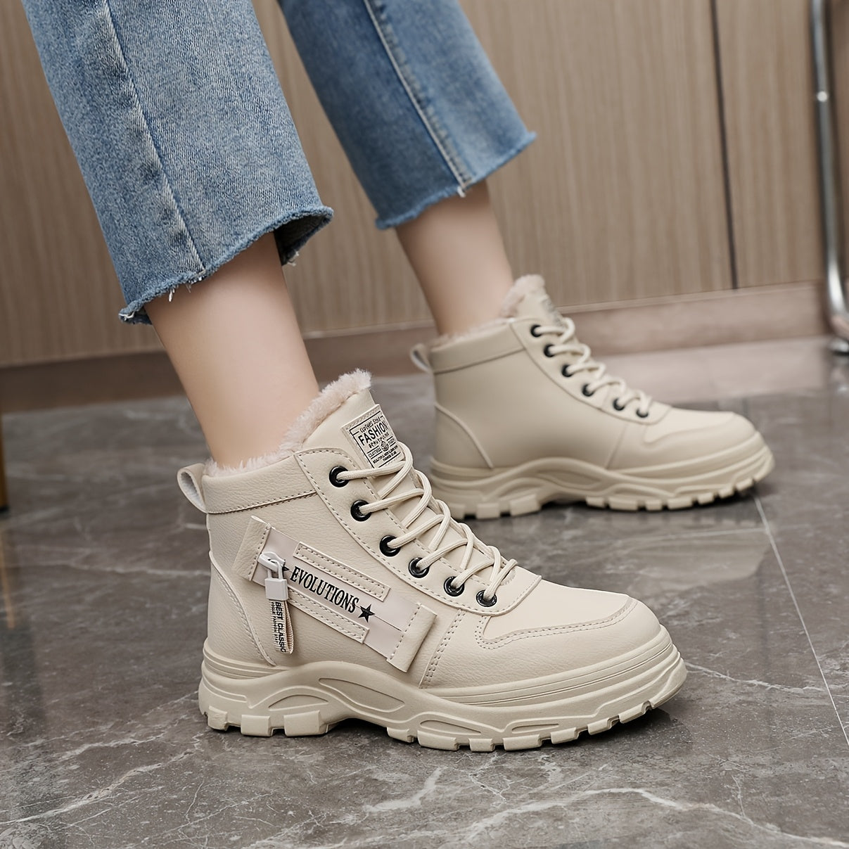 Affordable Women's boots, black and white winter shoes for ladies, slip-on style with plush lining for warmth, a gift for women, fashionable Plush design at the toe, suitable for plus-size women, ideal for scenes