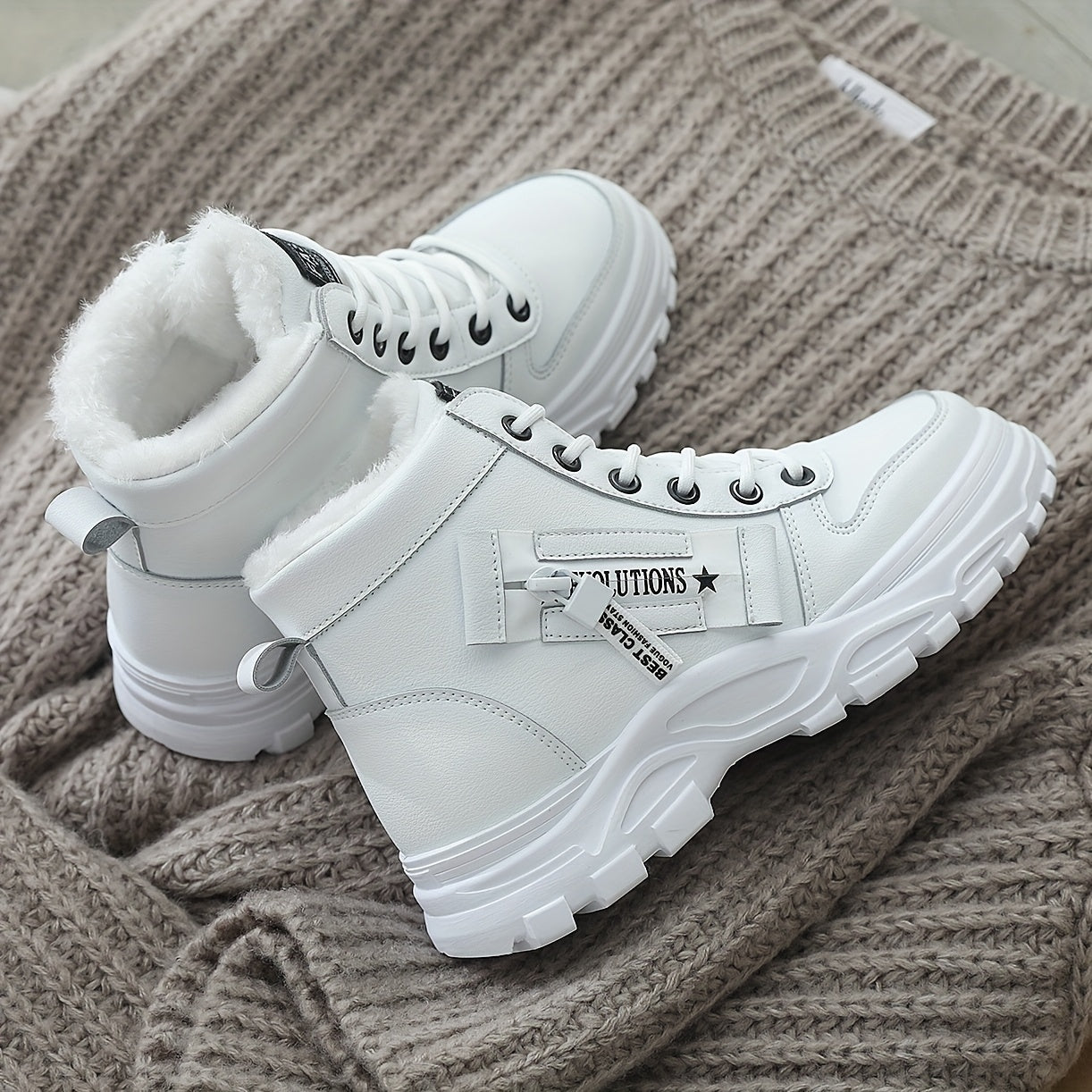Affordable Women's boots, black and white winter shoes for ladies, slip-on style with plush lining for warmth, a gift for women, fashionable Plush design at the toe, suitable for plus-size women, ideal for scenes