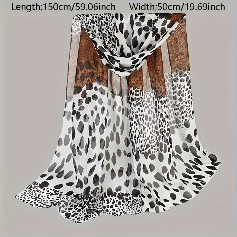 Boho Style Leopard Print Scarf for Women - 100% Polyester, Inelastic, Non-Feathered, Printed Chiffon Shawl - Windproof, Warm, Breathable Head Wrap for Going Out, Travel, Beach - 1PCS