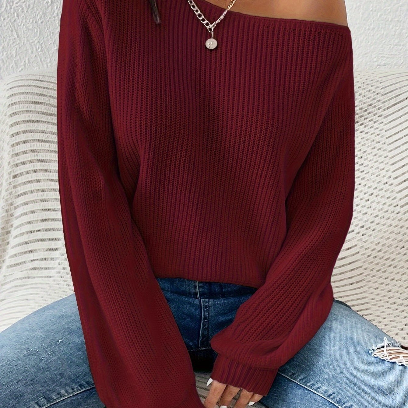 1pc Elegant Asymmetrical Neck Acrylic Knit Sweater for Women - Solid Color Off-Shoulder Pullover for Spring/Fall