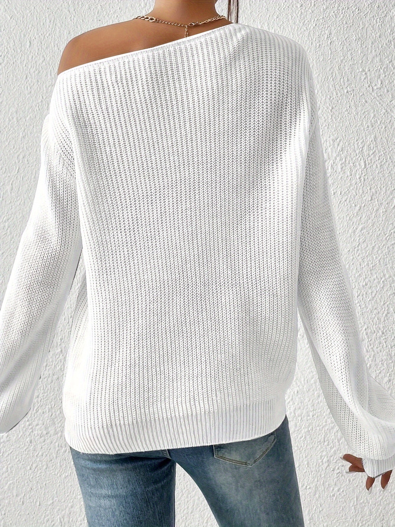 1pc Elegant Asymmetrical Neck Acrylic Knit Sweater for Women - Solid Color Off-Shoulder Pullover for Spring/Fall
