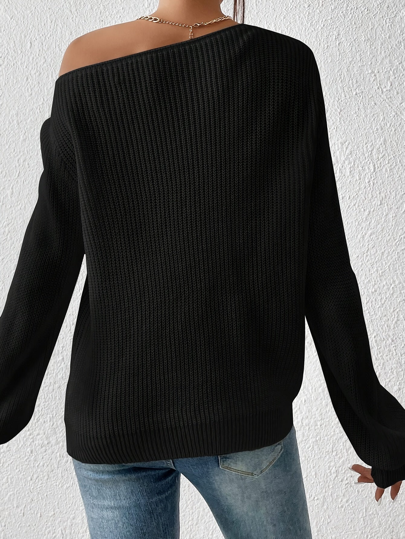 1pc Elegant Asymmetrical Neck Acrylic Knit Sweater for Women - Solid Color Off-Shoulder Pullover for Spring/Fall