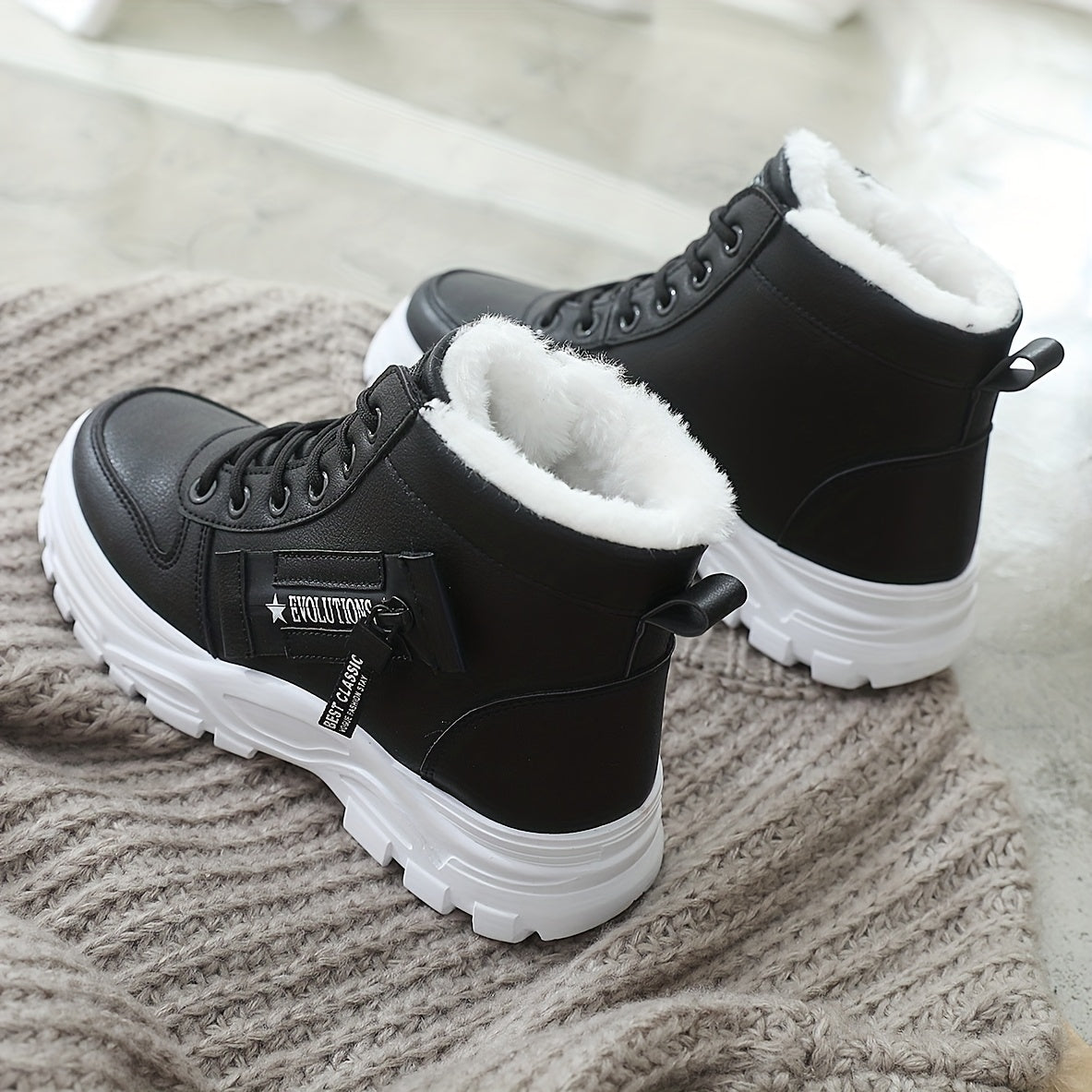Affordable Women's boots, black and white winter shoes for ladies, slip-on style with plush lining for warmth, a gift for women, fashionable Plush design at the toe, suitable for plus-size women, ideal for  scenes