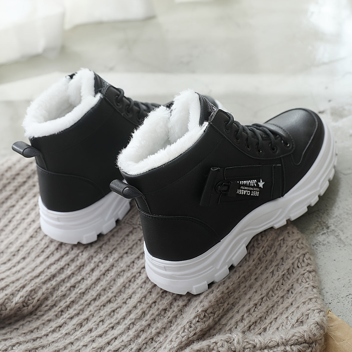 Affordable Women's boots, black and white winter shoes for ladies, slip-on style with plush lining for warmth, a gift for women, fashionable Plush design at the toe, suitable for plus-size women, ideal for  scenes