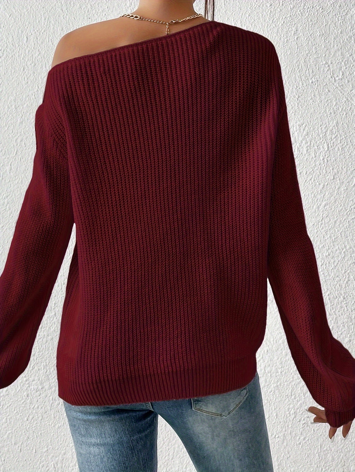 1pc Elegant Asymmetrical Neck Acrylic Knit Sweater for Women - Solid Color Off-Shoulder Pullover for Spring/Fall